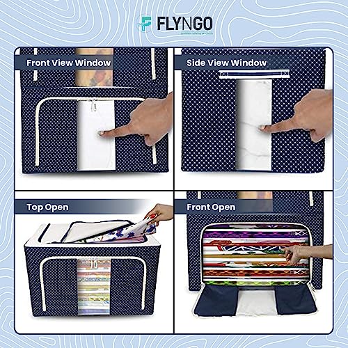 FLYNGO Foldable Steel Frame Clothes Organizer Storage Box For Wardrobe, Saree, Shirts, And Blankets (44 Ltr - Pack Of 4, Oxford Fabric), Blue - Image 5