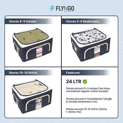 FLYNGO Foldable Steel Frame Clothes Organizer Storage Box For Wardrobe, Saree, Shirts, And Blankets (44 Ltr - Pack Of 4, Oxford Fabric), Blue - Image 3