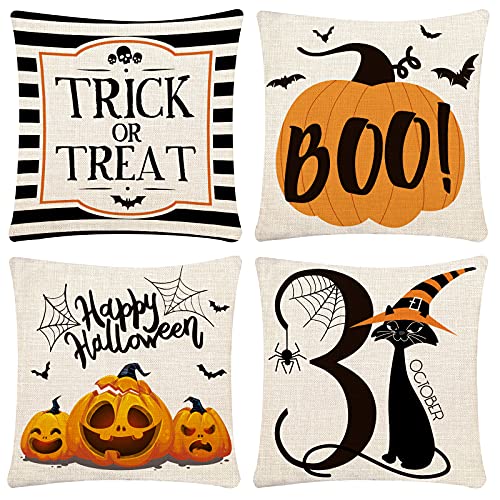CH HAICHENG Halloween Pillow Covers 18x18 Set of 4 Trick or Treat Pillow Covers Happy Halloween Linen Sofa Bed Throw Cushion Cover Decoration - Image 1