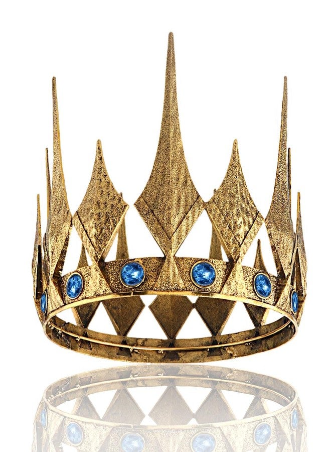 LEEMASING Queen King Opal Crown Round Royal Crown For Prom Pageant Birthday Party Valentines Costume (Large Size 7.28" Diameter,Dark Gold With Blue Stone) - Image 1