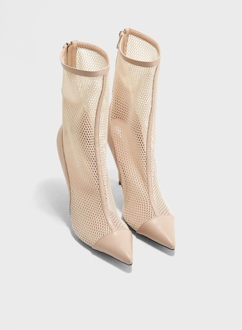 PUBLIC DESIRE Spike Mesh Stiletto Heel Ankle Boot