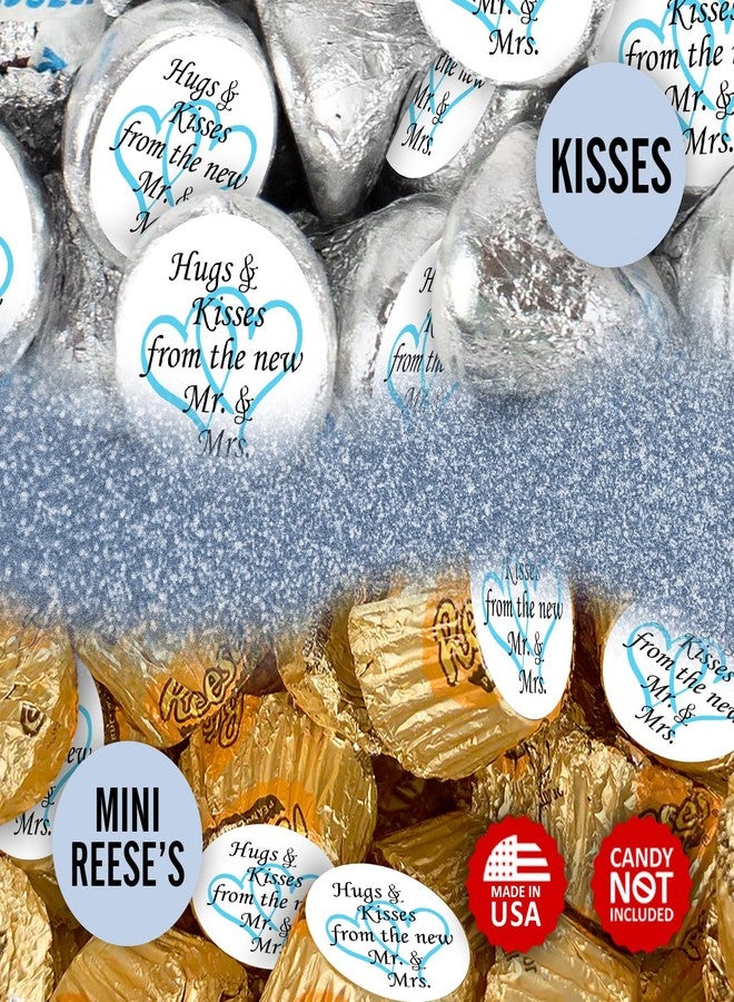 RokAPary 324 Hugs and Kisses from the new Mr. & Mrs. Interlocking Hearts Wedding Stickers, Chocolate Drops Labels For Bridal Shower Engagement Party Decorations, Favors Decor For Kiss. Made in USA (Light Blue) - Image 4
