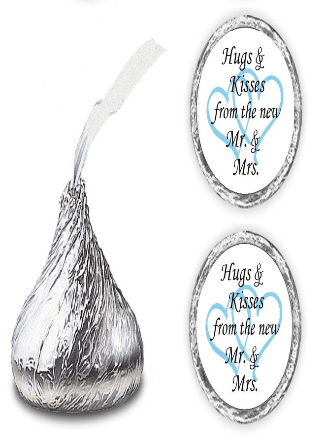 RokAPary 324 Hugs and Kisses from the new Mr. & Mrs. Interlocking Hearts Wedding Stickers, Chocolate Drops Labels For Bridal Shower Engagement Party Decorations, Favors Decor For Kiss. Made in USA (Light Blue) - Image 1