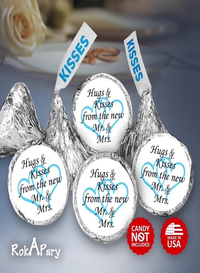 RokAPary 324 Hugs and Kisses from the new Mr. & Mrs. Interlocking Hearts Wedding Stickers, Chocolate Drops Labels For Bridal Shower Engagement Party Decorations, Favors Decor For Kiss. Made in USA (Light Blue) - Image 2