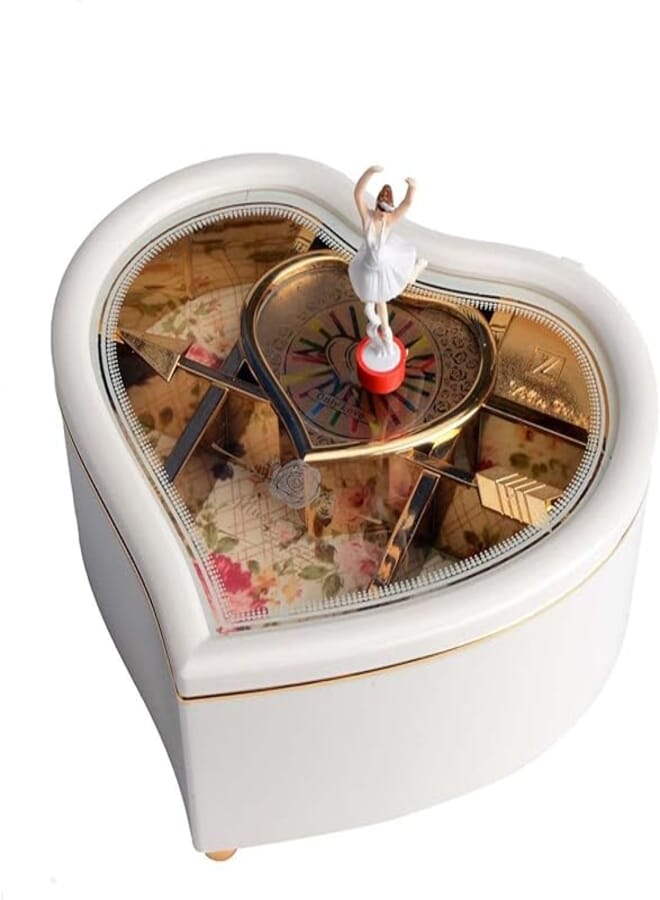 Saim Musical Jewellery Box, Heart-Shaped Music Box with Dancing Ballerina White Jewel Storage Case For Girls Women