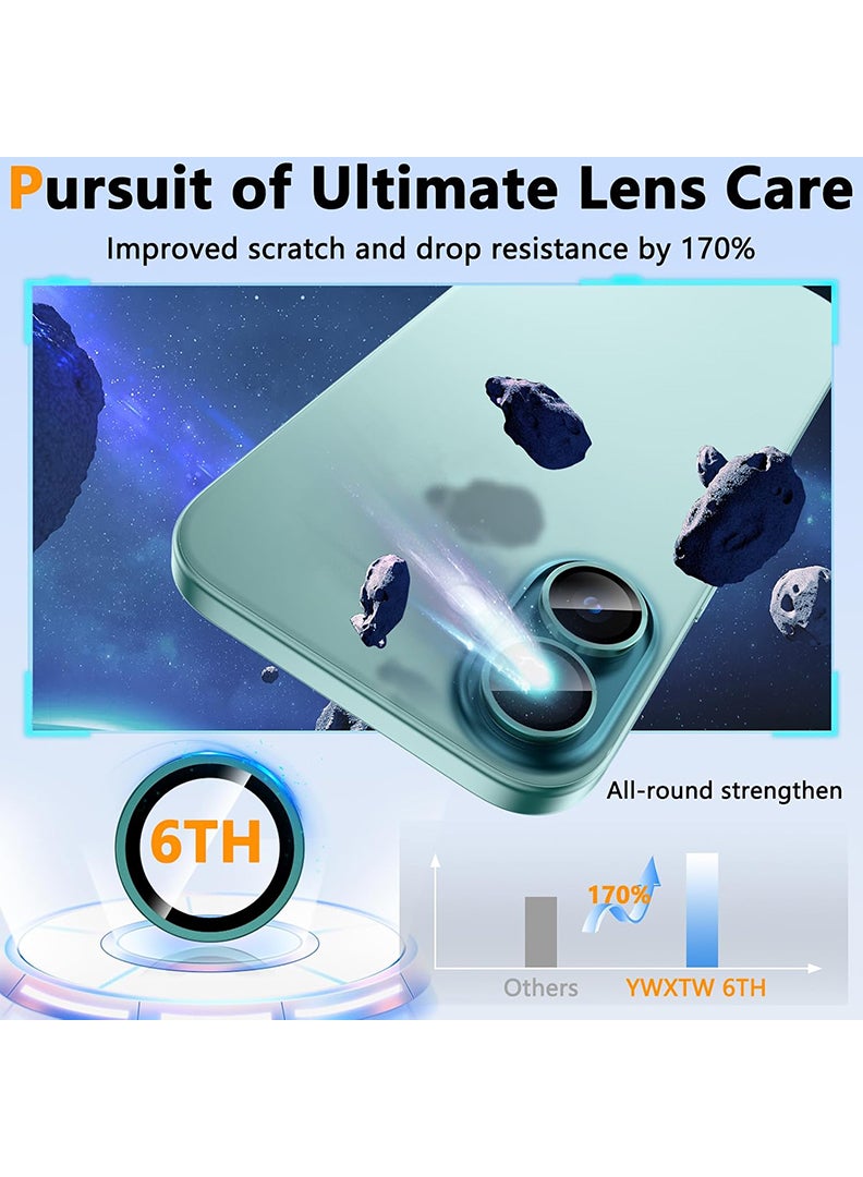 Theodor iPhone 16/ 16 Plus 2 Pcs Camera Lens Protector With 9H Tempered HD Glass Camera Cover Anti Scratch Aluminum Alloy Camera Ring, Teal - Image 3