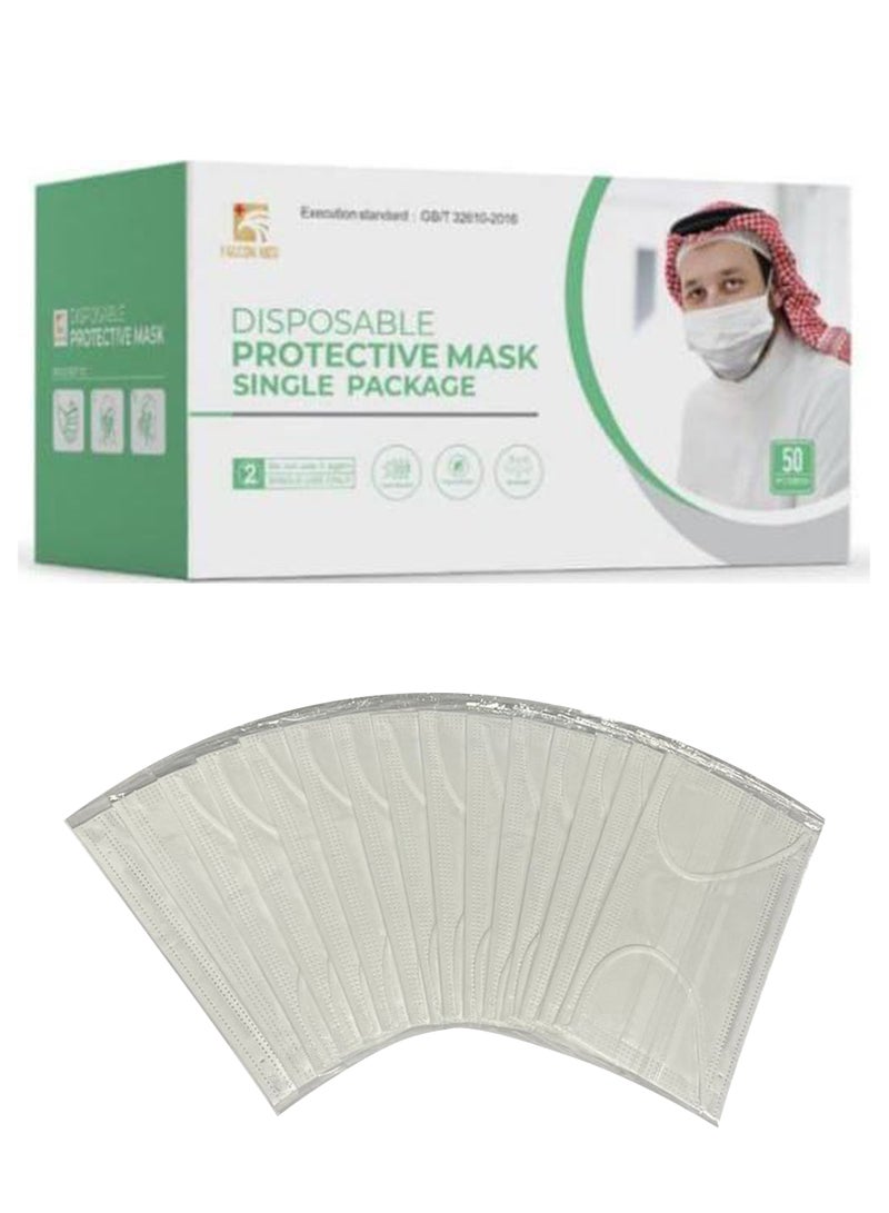 Falcon Med Falcon Med Face Mask Individually Packaged 3 Layer Disposable, Protective, Premium Quality Face Mask with Elastic Ear Loop. Specially Designed for Adults (50pcs Individually Wrapped/ box) (White)  - Image 1