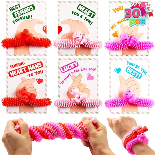 JOYIN 30 Pcs Valentines Day Gift Cards with Multicolor Stretchy String Toys Set Unicorn Noodle Toys Stress Relief Fidget Toys for Kids Valentine Party Favors Classroom Gift Exchange Game Prize - Image 1