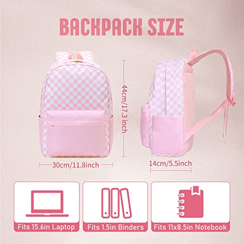 UREYMX Checkered Backpack Kids School Backpack Large Capacity Waterproof Lightweight Pink - Image 3