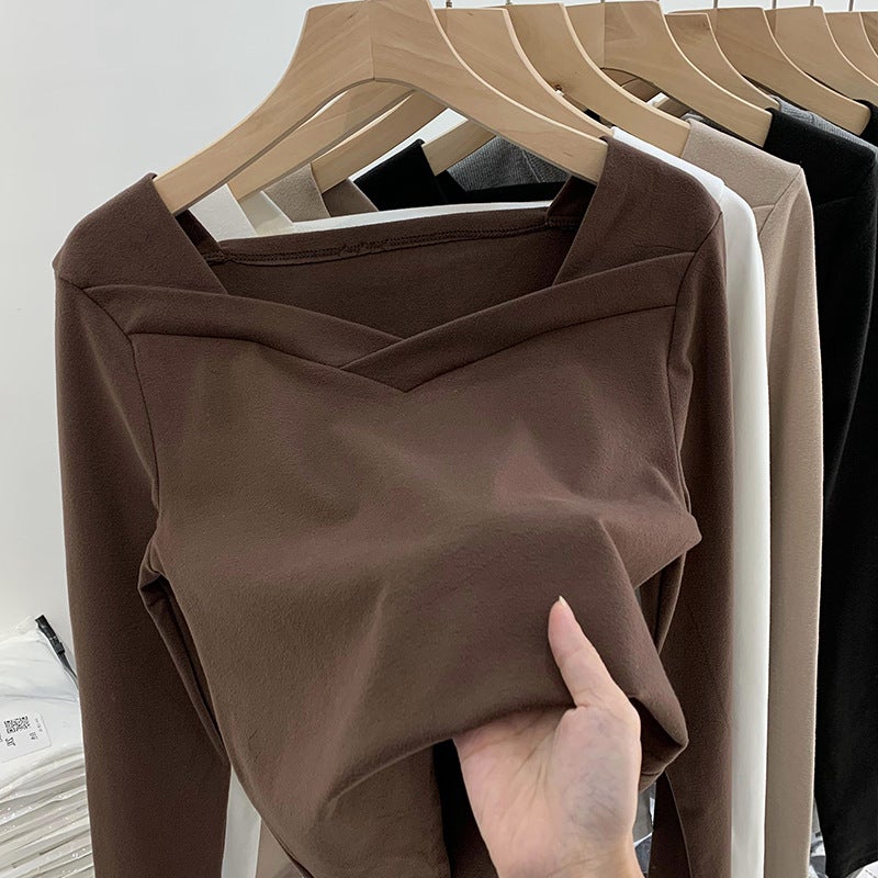 Velvet Base Shirt Womens Autumn and Winter New Design Sense Niche Square Collar Irregular Scrub Stylish Slim Fit Inner Top White  - Image 3