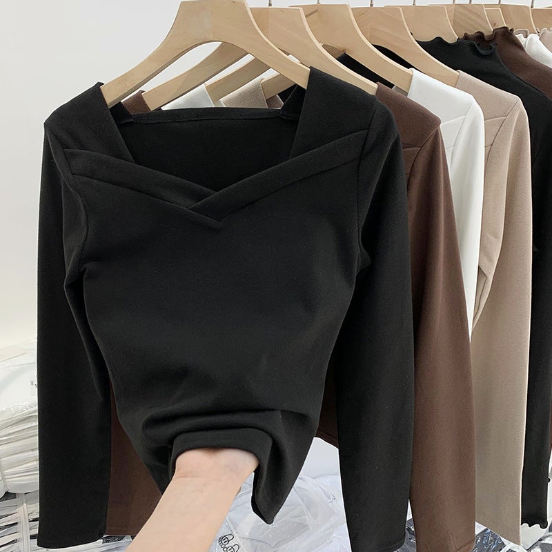 Velvet Base Shirt Womens Autumn and Winter New Design Sense Niche Square Collar Irregular Scrub Stylish Slim Fit Inner Top White  - Image 5