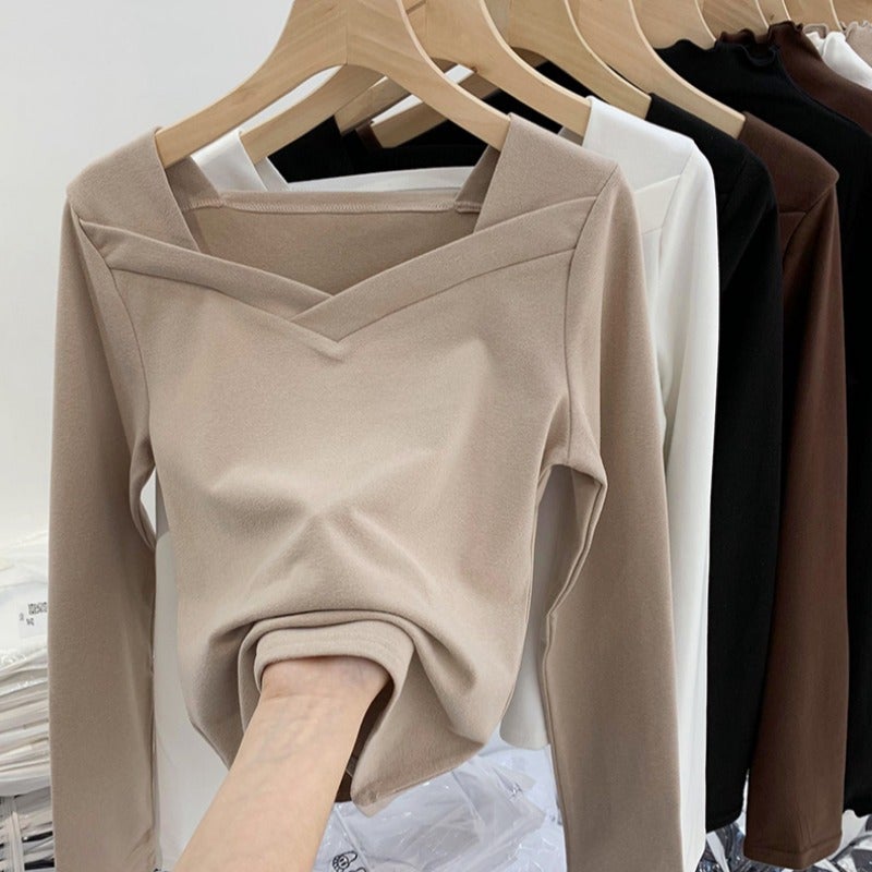 Velvet Base Shirt Womens Autumn and Winter New Design Sense Niche Square Collar Irregular Scrub Stylish Slim Fit Inner Top White  - Image 2