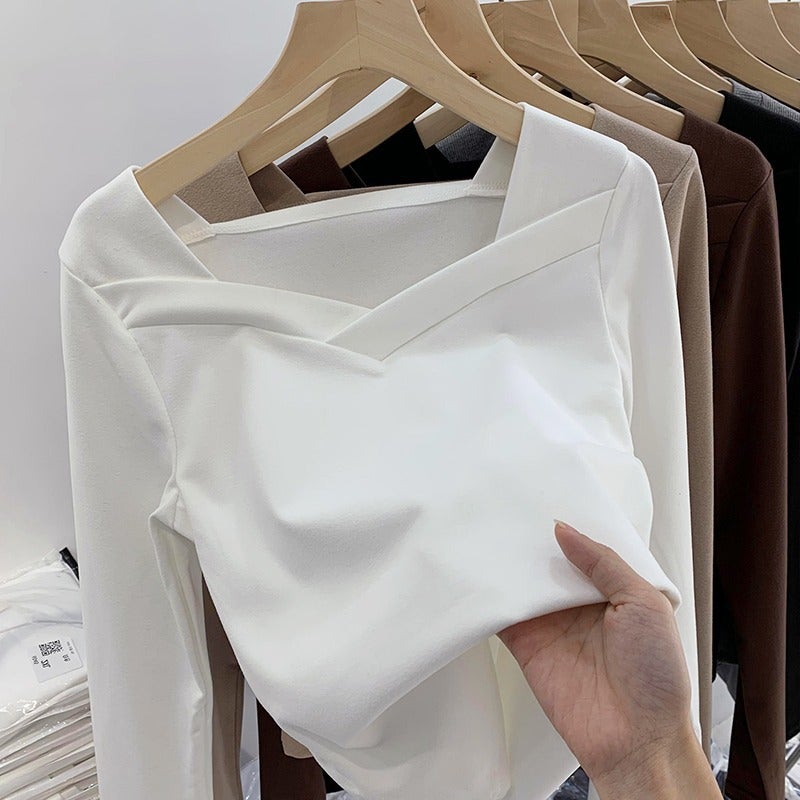 Velvet Base Shirt Womens Autumn and Winter New Design Sense Niche Square Collar Irregular Scrub Stylish Slim Fit Inner Top White  - Image 4