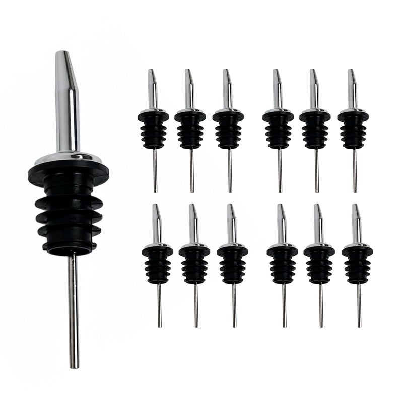 Spill-Stop 285-50 Chrome Liquor Pourer, Tapered Free Flow Spout with Poly-Kork for Controlled Medium Speed Pouring, Seamless Chrome Finish, Black and Silver, 12 Pack - Image 1