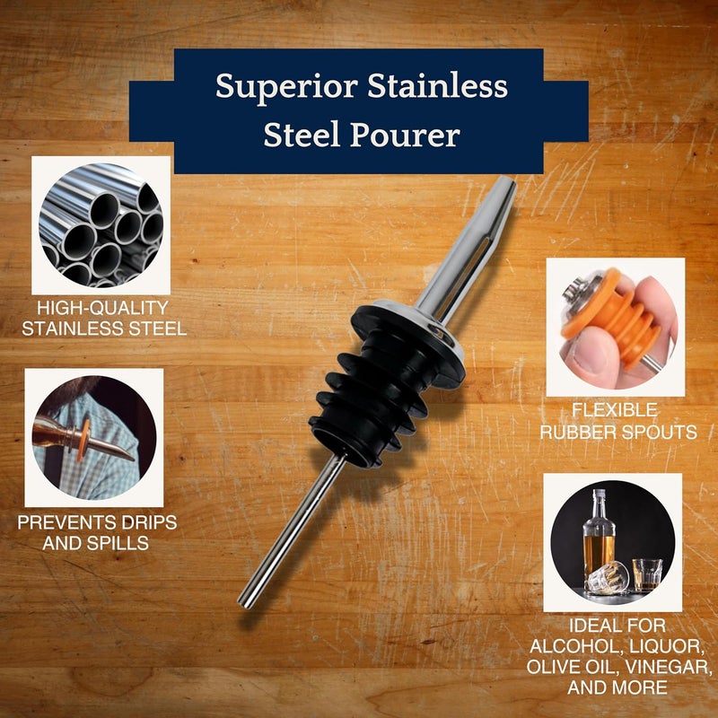Spill-Stop 285-50 Chrome Liquor Pourer, Tapered Free Flow Spout with Poly-Kork for Controlled Medium Speed Pouring, Seamless Chrome Finish, Black and Silver, 12 Pack - Image 5
