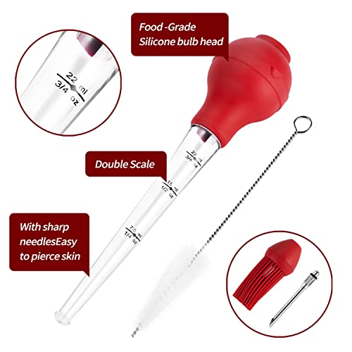 DIMESHY Turkey Baster Food Grade for Cooking & Basting, Detachable Round Bulb, Baster Cooking Good for Meat Poultry Beef Chicken, with Cleaning brush, inject needle, Basting brush(red) - Image 2