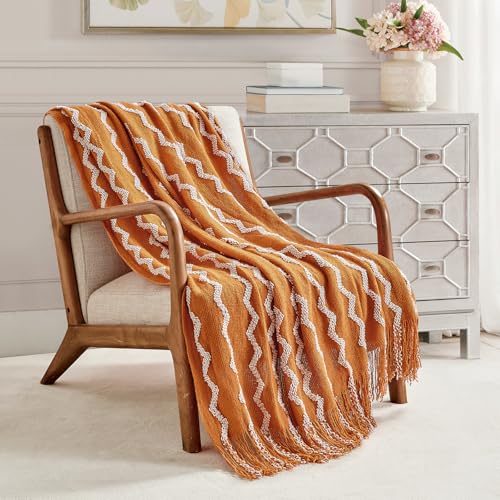 BOURINA Fluffy Chenille Knitted Fringe Throw Blanket Lightweight Soft Cozy for Bed Sofa Chair Throw Blankets, Orange 50" x 60" - Image 1