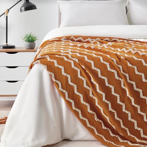 BOURINA Fluffy Chenille Knitted Fringe Throw Blanket Lightweight Soft Cozy for Bed Sofa Chair Throw Blankets, Orange 50" x 60" - Image 4