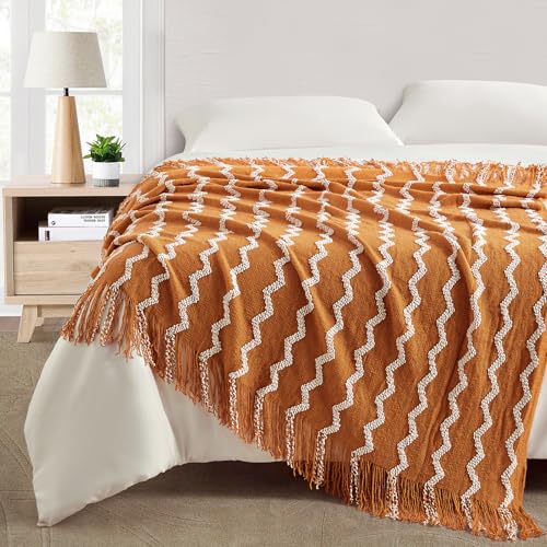BOURINA Fluffy Chenille Knitted Fringe Throw Blanket Lightweight Soft Cozy for Bed Sofa Chair Throw Blankets, Orange 50" x 60" - Image 3