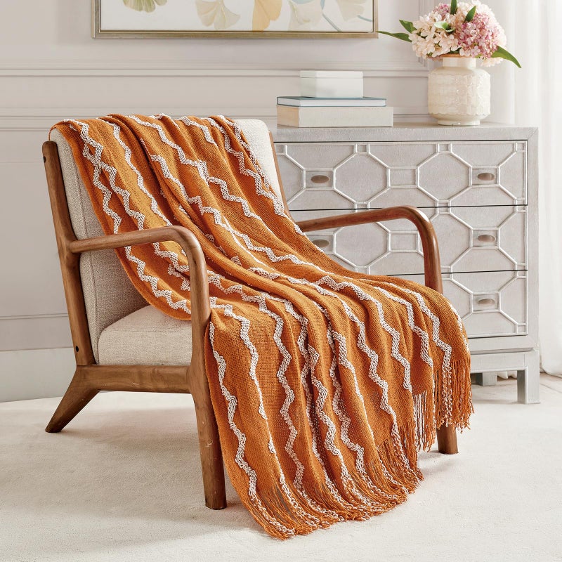 BOURINA Fluffy Chenille Knitted Fringe Throw Blanket Lightweight Soft Cozy for Bed Sofa Chair Throw Blankets, Orange 50" x 60" - Image 2
