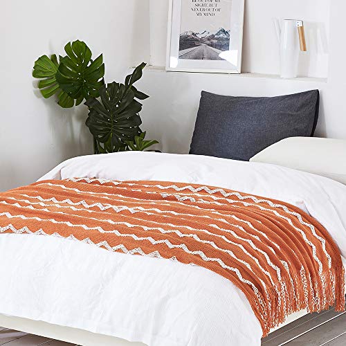 BOURINA Fluffy Chenille Knitted Fringe Throw Blanket Lightweight Soft Cozy for Bed Sofa Chair Throw Blankets, Orange 50" x 60" - Image 5