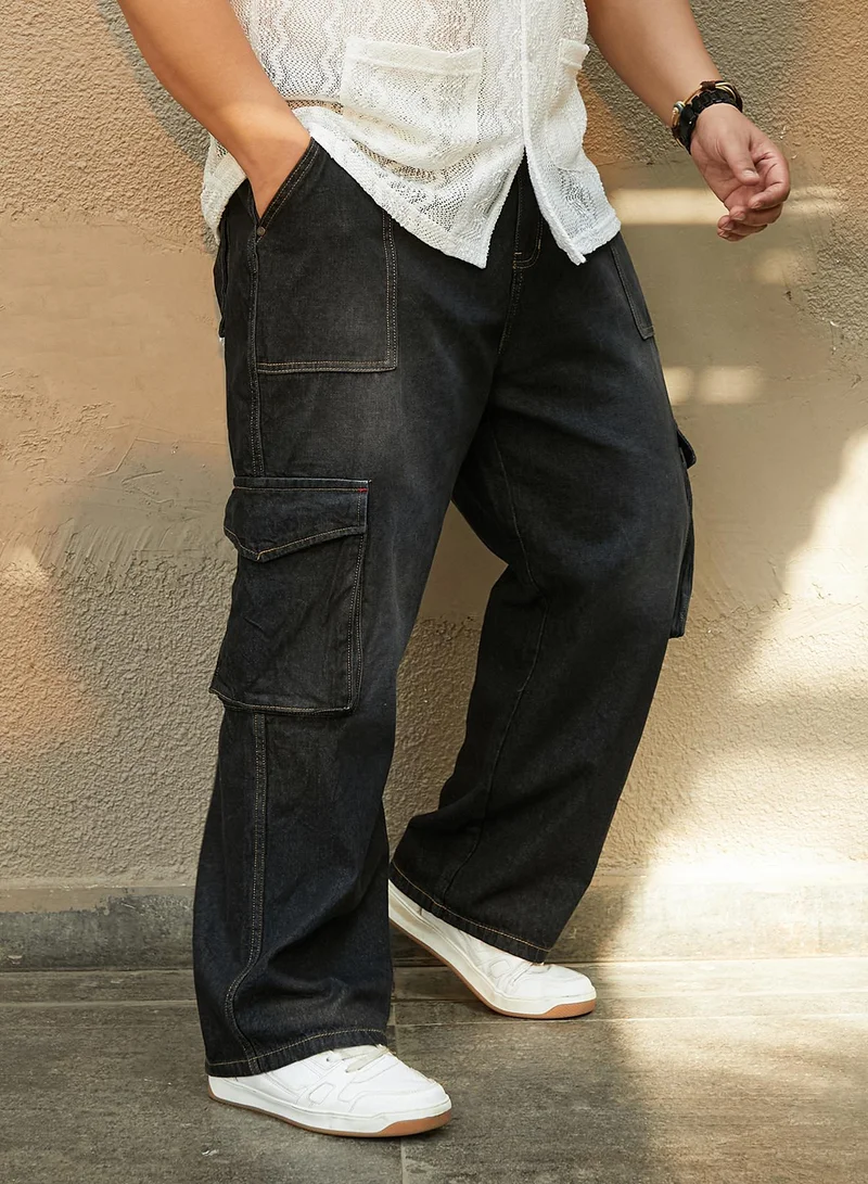 Instafab Plus Instafab Plus Men's Charcoal Black Washed Carpenter-Utility Denim Jeans For Casual Wear | Mid-Rise | Straight Fit | Button Closure | Plus Size Denim Jeans Crafted With Comfort Fit For Everyday Wear
