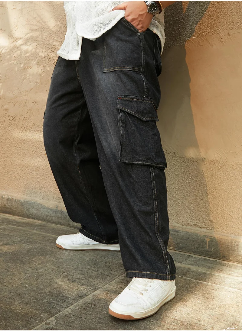 انستافاب بلس Instafab Plus Men's Charcoal Black Washed Carpenter-Utility Denim Jeans For Casual Wear | Mid-Rise | Straight Fit | Button Closure | Plus Size Denim Jeans Crafted With Comfort Fit For Everyday Wear