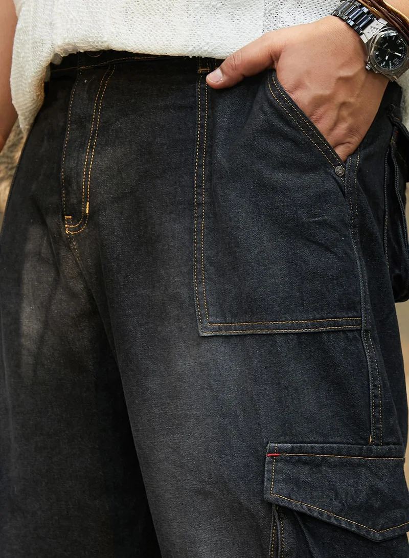 Instafab Plus Instafab Plus Men's Charcoal Black Washed Carpenter-Utility Denim Jeans For Casual Wear | Mid-Rise | Straight Fit | Button Closure | Plus Size Denim Jeans Crafted With Comfort Fit For Everyday Wear