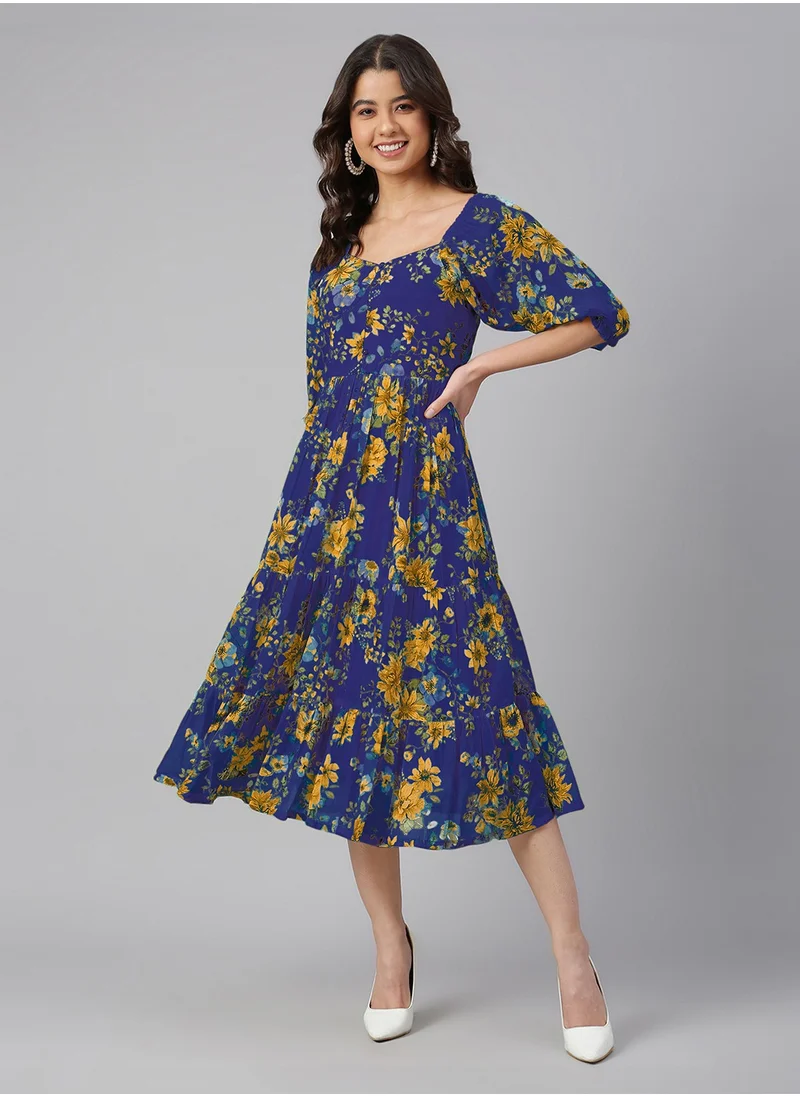 kolaba Blue Georgette Printed Midi Dress