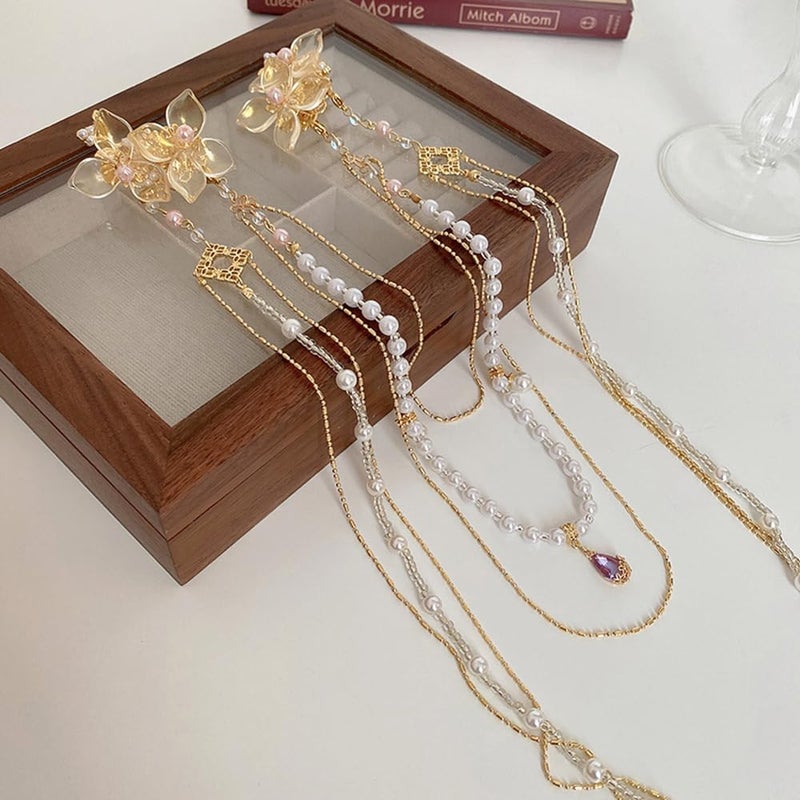 Wiwpar Hair Clip with Long Tassel Flower Butterfly Hair Barrettes, Pearl Chain Butterfly Hair Styling Accessories for Women Girls, 20.4*7.8in (52*20cm), Gold - Image 4
