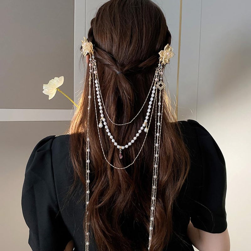 Wiwpar Hair Clip with Long Tassel Flower Butterfly Hair Barrettes, Pearl Chain Butterfly Hair Styling Accessories for Women Girls, 20.4*7.8in (52*20cm), Gold - Image 1