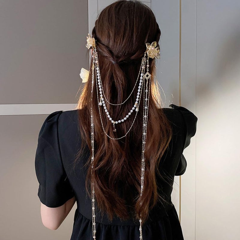Wiwpar Hair Clip with Long Tassel Flower Butterfly Hair Barrettes, Pearl Chain Butterfly Hair Styling Accessories for Women Girls, 20.4*7.8in (52*20cm), Gold - Image 2