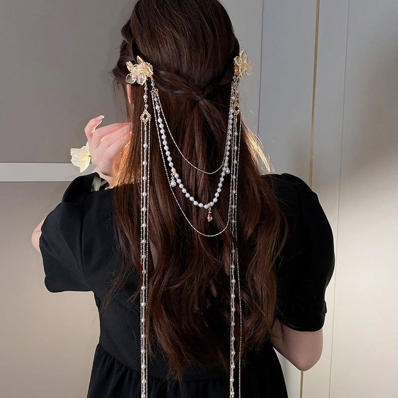 Wiwpar Hair Clip with Long Tassel Flower Butterfly Hair Barrettes, Pearl Chain Butterfly Hair Styling Accessories for Women Girls, 20.4*7.8in (52*20cm), Gold - Image 3