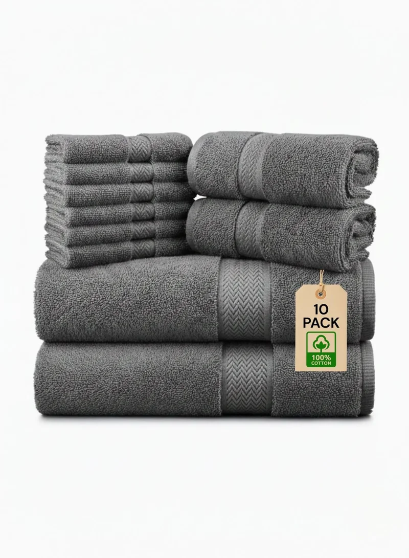 1 تشيس طقم مناشف قطنية 100% مكون من 10 قطع - 600 جرام/متر مربع، فاخر، رمادي اللون، مناسب للحمام واليدين والغسيل