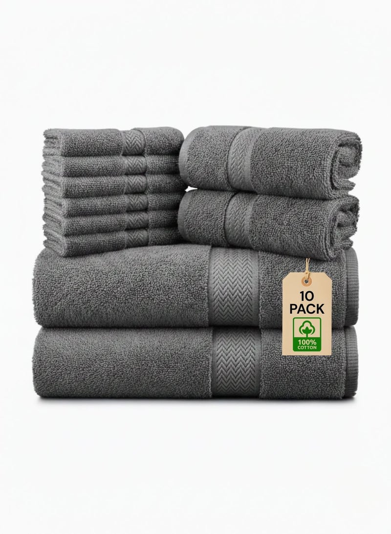 1 تشيس طقم مناشف قطنية 100% مكون من 10 قطع - 600 جرام/متر مربع، فاخر، رمادي اللون، مناسب للحمام واليدين والغسيل - Image 1