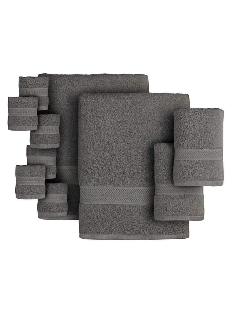 1 تشيس طقم مناشف قطنية 100% مكون من 10 قطع - 600 جرام/متر مربع، فاخر، رمادي اللون، مناسب للحمام واليدين والغسيل - Image 3
