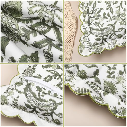 BrightRow 2 Pcs Scalloped Floral Block Print Pillow Cover 18 x 18 Inch Scallop Pillow Cover Grandmillennial Style Indoor Outdoor Scalloped Throw Home Decor(Elegant) - Image 4