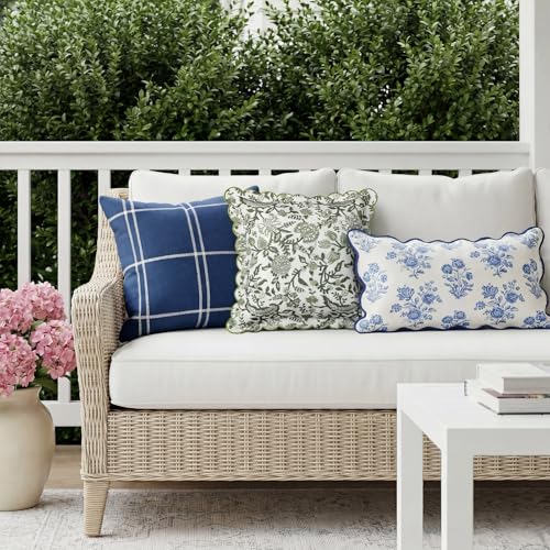 BrightRow 2 Pcs Scalloped Floral Block Print Pillow Cover 18 x 18 Inch Scallop Pillow Cover Grandmillennial Style Indoor Outdoor Scalloped Throw Home Decor(Elegant) - Image 3