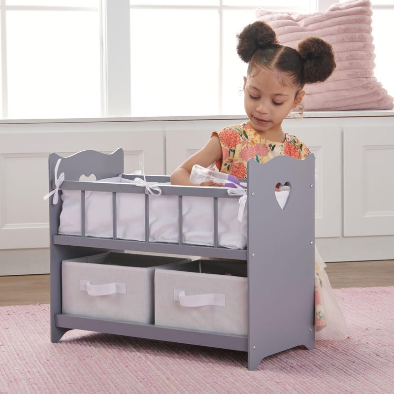 Badger Basket Wooden Doll Bed with Bed Liner, Pillows and Two Storage Baskets - Fits 18" Dolls - Ideal for Pretend Play and Baby Doll Fun - White/Rose Design with Free Personalization Kit - Image 5