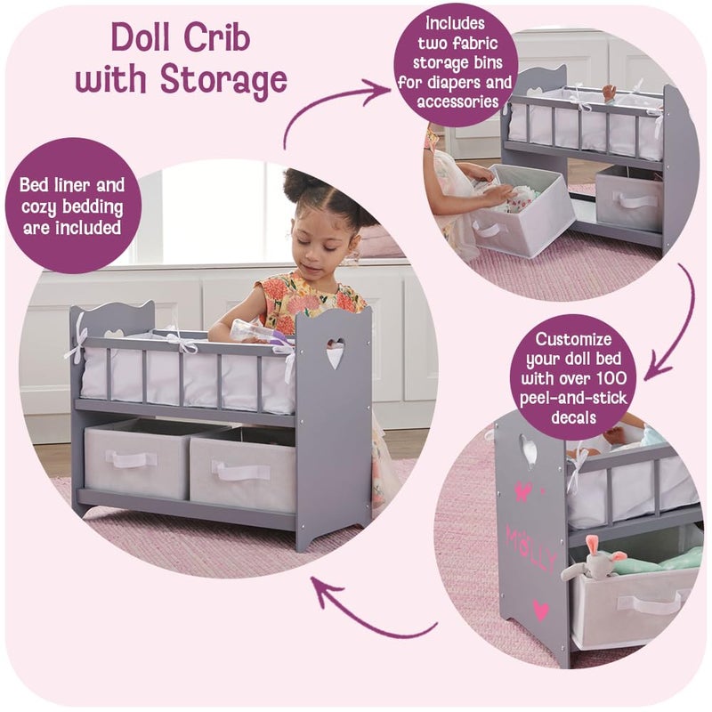 Badger Basket Wooden Doll Bed with Bed Liner, Pillows and Two Storage Baskets - Fits 18" Dolls - Ideal for Pretend Play and Baby Doll Fun - White/Rose Design with Free Personalization Kit - Image 2