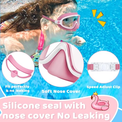 Vvinca 2 Pcs Kids-Swim-Goggles with Nose Cover, Swimming Diving Mask Wide View Anti Fog UV Anti Shattered Lens for Kids 3-5 - Image 4