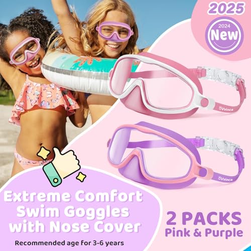 Vvinca 2 Pcs Kids-Swim-Goggles with Nose Cover, Swimming Diving Mask Wide View Anti Fog UV Anti Shattered Lens for Kids 3-5 - Image 3