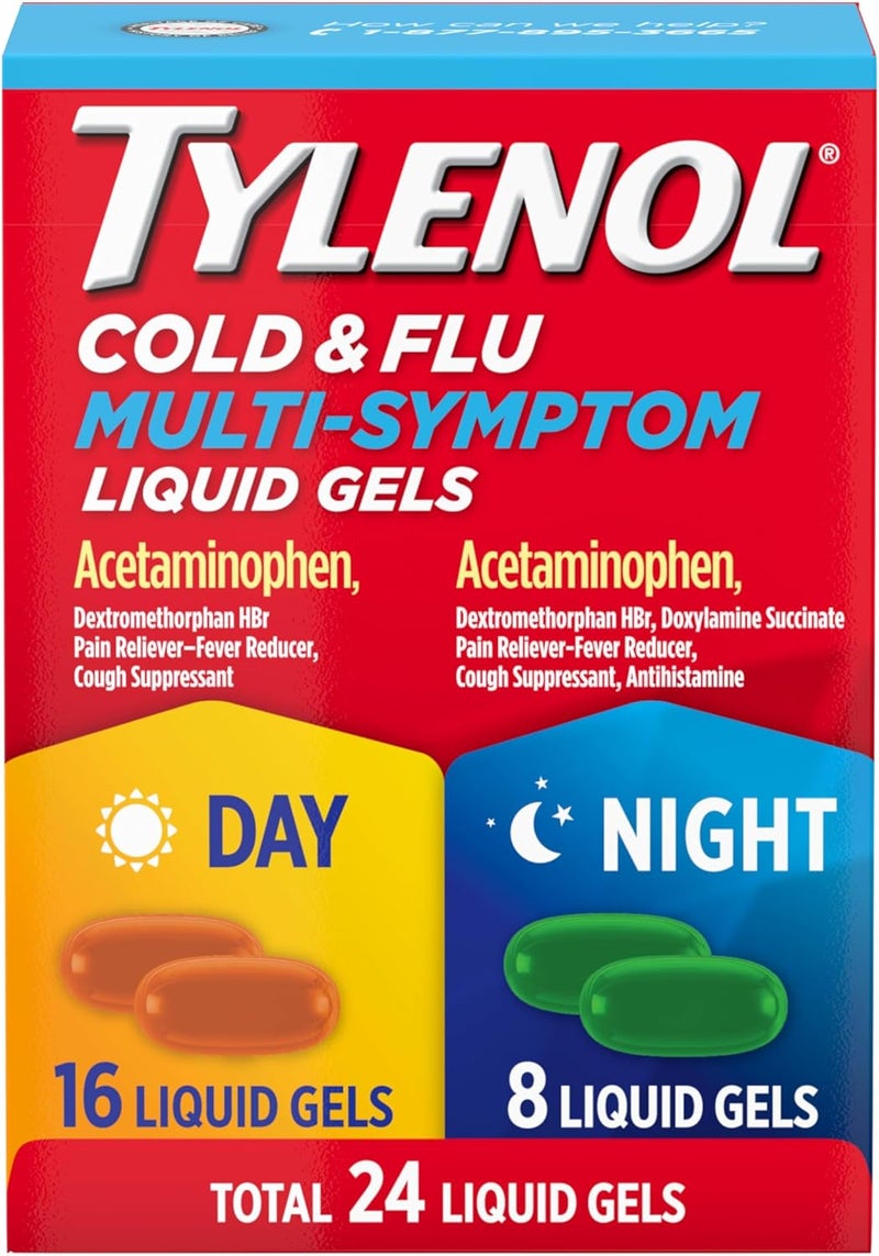 Tylenol عبوة مجموعة جيل سائل متعدد الأعراض للبرد والإنفلونزا نهار وليل 24 حبة - Image 1