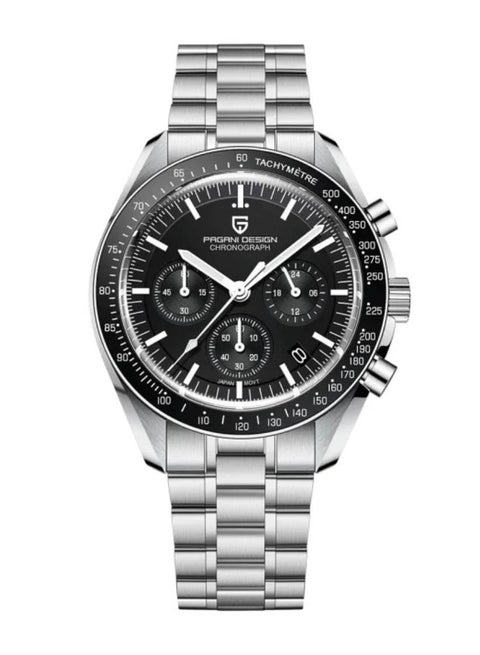 ساعة كرونوغراف كوارتز بمينا سوداء وستانلس ستيل للرجال PD1701