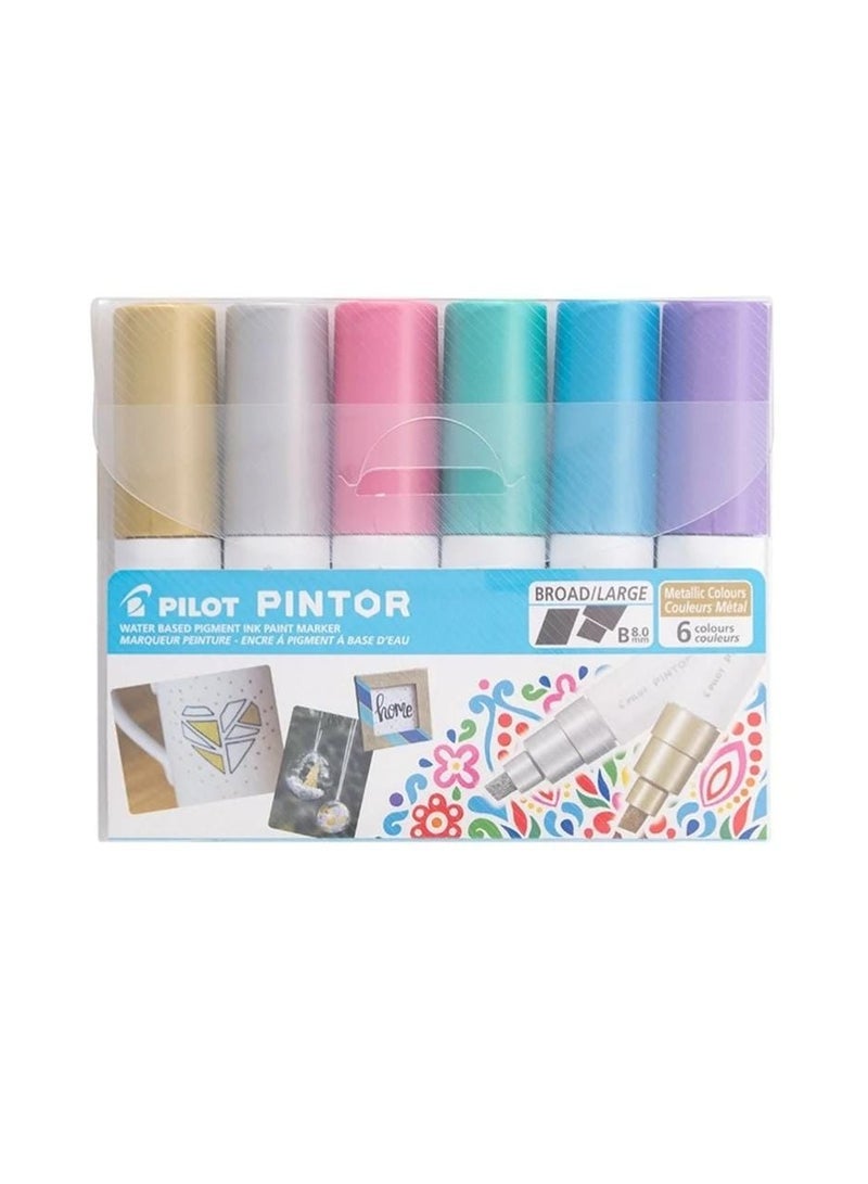 بايلوت مجموعة أقلام طلاء مائية معدنية من بايلوت بينتور مكونة من 6 قطع برأس عريض 8.0 ملم - Image 1
