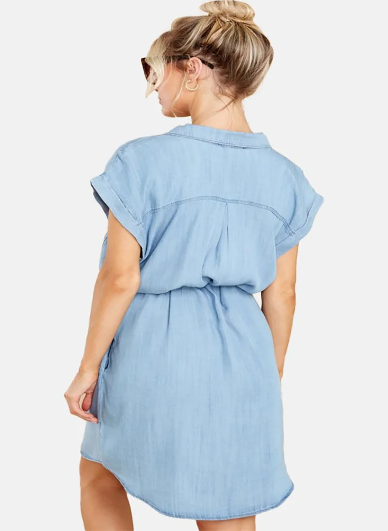 يونيكي Blue A-Line Collared Cap Sleeve Dresses