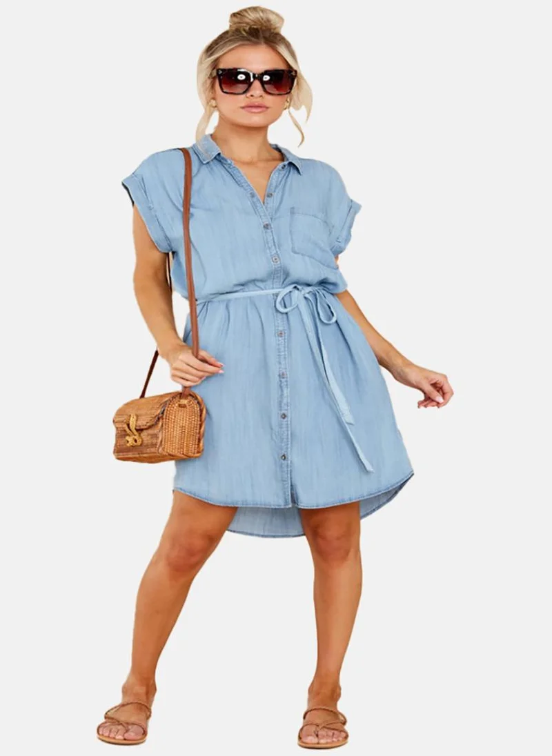 يونيكي Blue A-Line Collared Cap Sleeve Dresses
