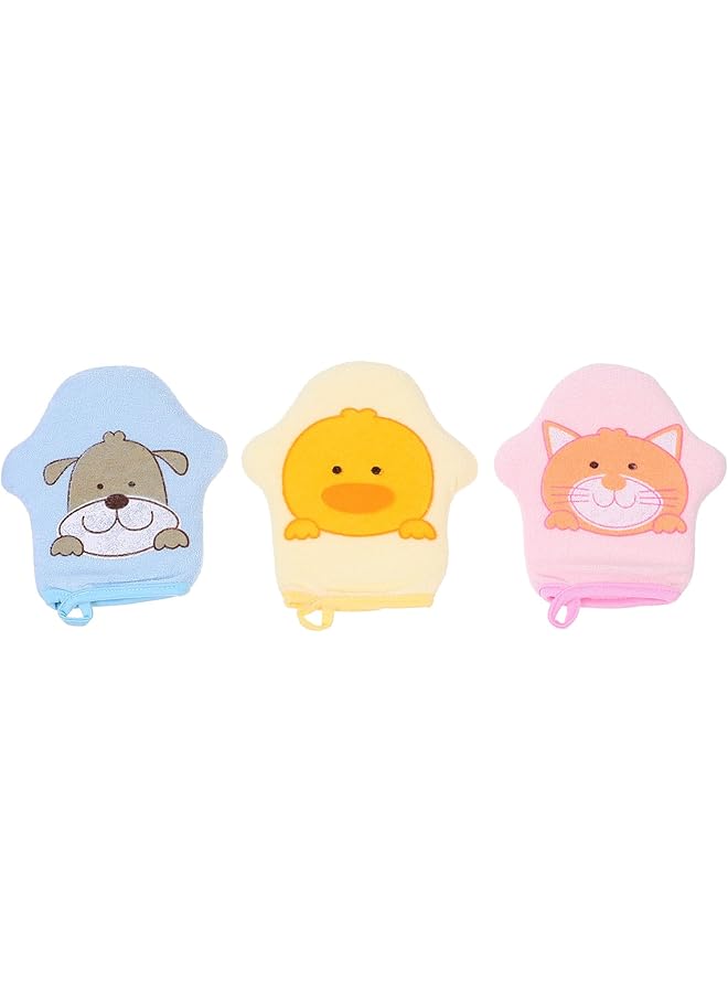 Oasisgalore 3Pcs Scrub Gloves Baby Shower Cartoon Bathing Gloves Body Wash Scrubber Mitt Towel With Animal Designs Exfoliating Bath Sponge Shower Loofah Bath Puppets Cotton Child Puffs Frosted - Image 1