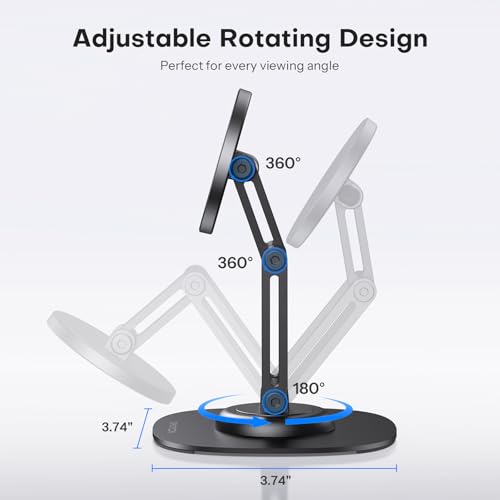 OMOTON 360°Rotating Magnetic Phone Stand for Desk, Adjustable Foldable Aluminum for MagSafe Cell Phone Stand Holder with Non-Slip Base, for iPhone 17/16/15/14 Pro Max Air/MagSafe Case- Black - Image 4