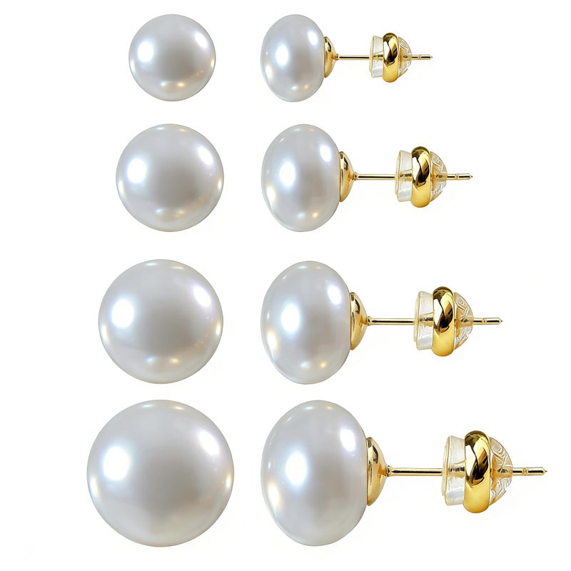 Raystar 4 Pairs Big Pearl Earrings, 14K Gold Plated Silver Post, Hypoallergenic Simulated Large Pearls Earring, 8mm/10mm/12mm/14mm Stud Set for women - Image 1